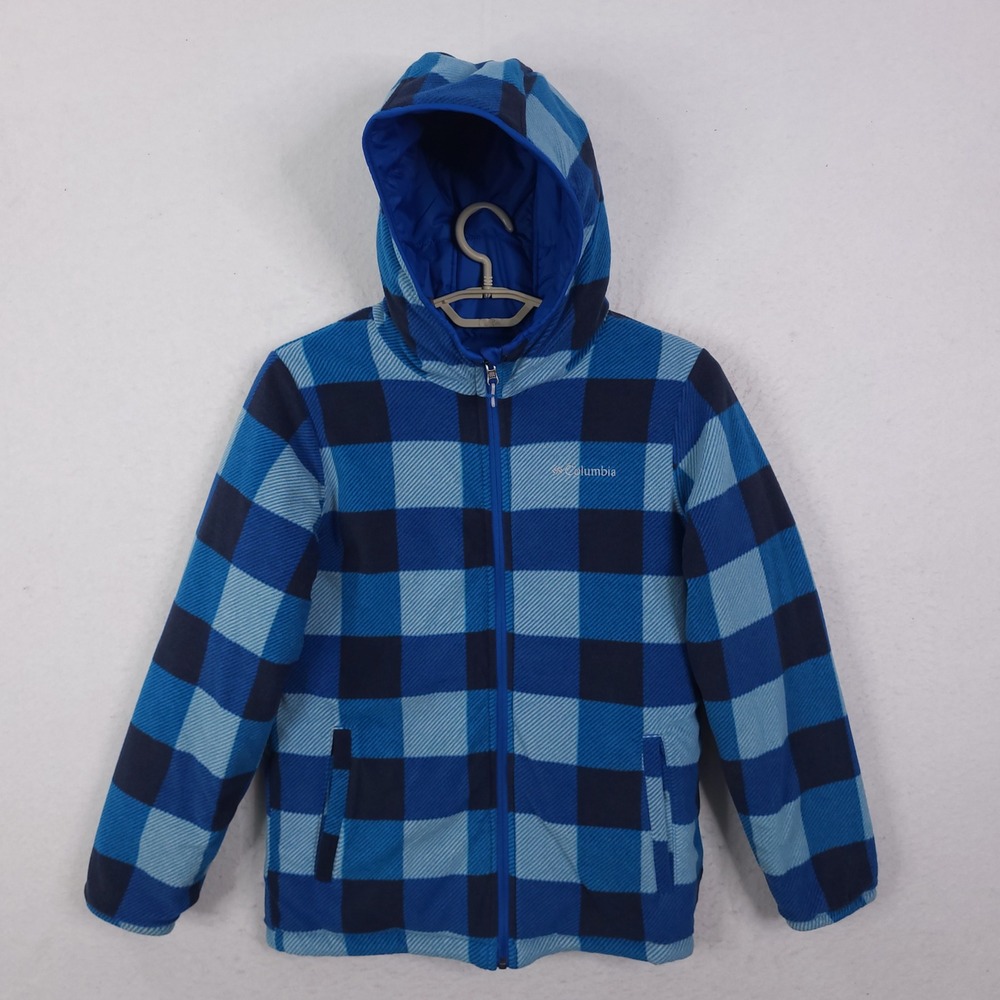 Columbia Reversible Puffer Jacket Boys L 14/16 Blue Plaid Hooded Winter